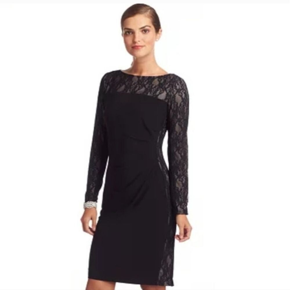 Chaps NWT Black Lace Overlay Long Sleeved Mini Dress, Holiday Party! 8